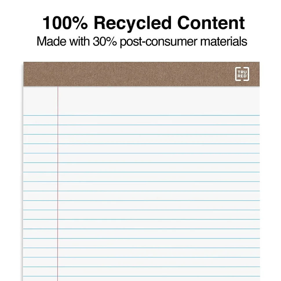 TRU RED™ Notepads, 8.5" x 11.75", Wide Ruled, White, 50 Sheets/Pad, Dozen Pads/Pack (TR58185)