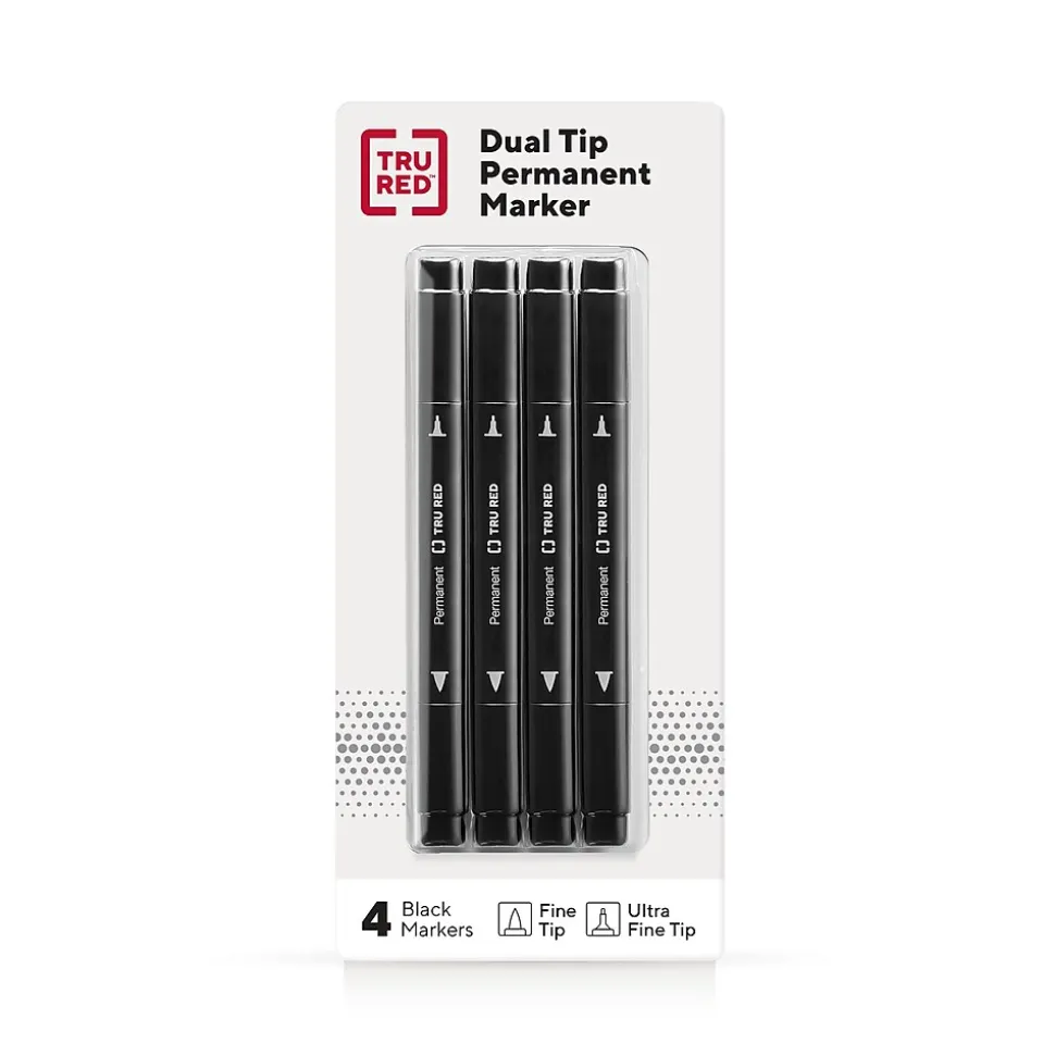 TRU RED™ Pen Permanent Markers, Twin Tip, Black, 4/Pack (TR57829)