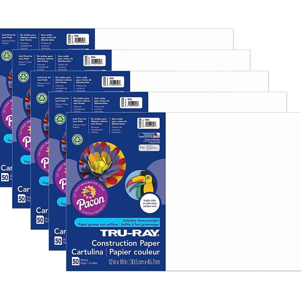 Tru-Ray 12" x 18" Construction Paper, White, 50 Sheets/Pack, 5 Packs/Bundle (PAC103058-5)
