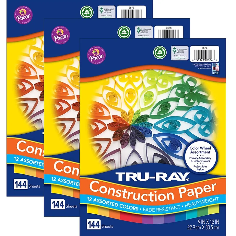 Tru-Ray Color Wheel Assortment 9" x 12" Construction Paper, Assorted, 144 Sheets/Pack, 3 Packs/Bundle (PAC6576-3)