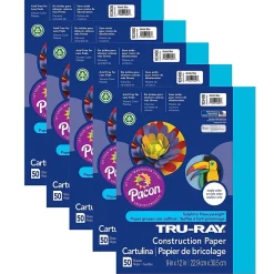 Tru-Ray® Construction Paper, Atomic Blue, 9" x 12", 50 Sheets Per Pack, 5 Packs (PAC103400-5)