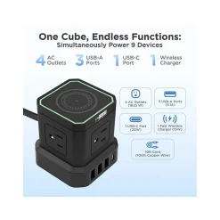 Uncaged Ergonomics Cube 4-Outlet 4-USB Port Surge Protector, 10', Black (WC-10-b)