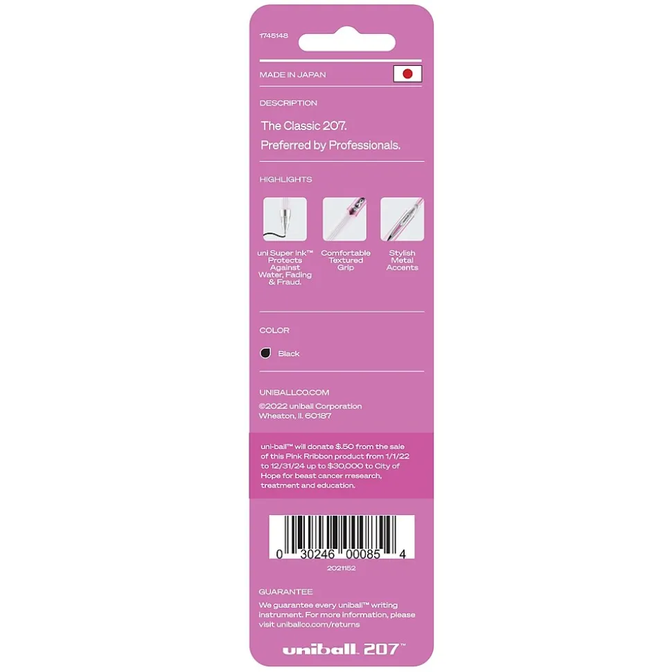 uniball 207 Pink Ribbon Retractable Gel Pens, Medium Point, 0.7mm, Black, 2/Pack (1745148)