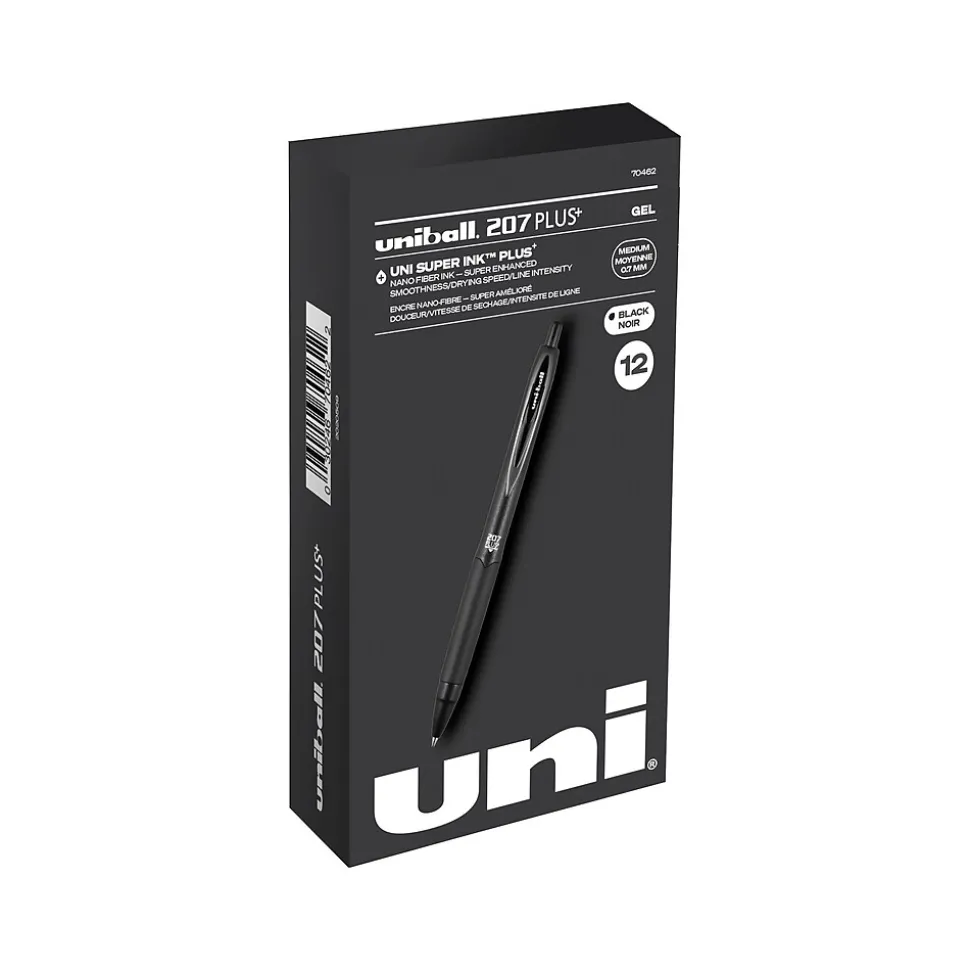 uniball 207 Plus+ Retractable Gel Pens, Medium Point, 0.7mm, Black Ink, 12/Pack (70462)
