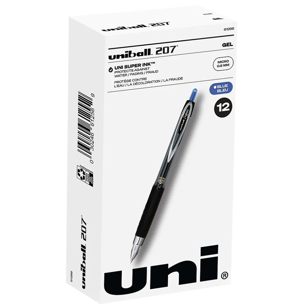 uniball 207 Retractable Gel Pens, Micro Point, 0.5mm, Blue Ink, 12/Pack (61256)