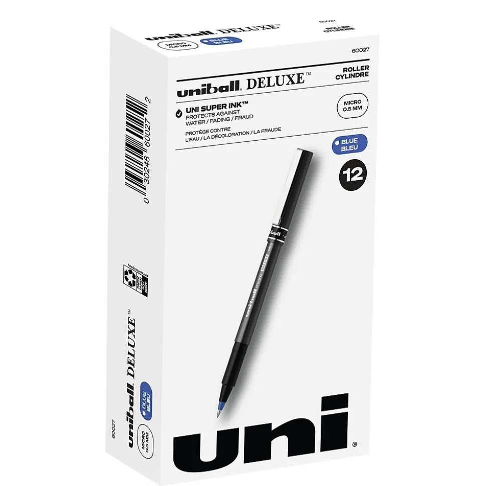 uni-ball Deluxe Rollerball Pens, Micro Point, Blue Ink, 12/Pack (60027)