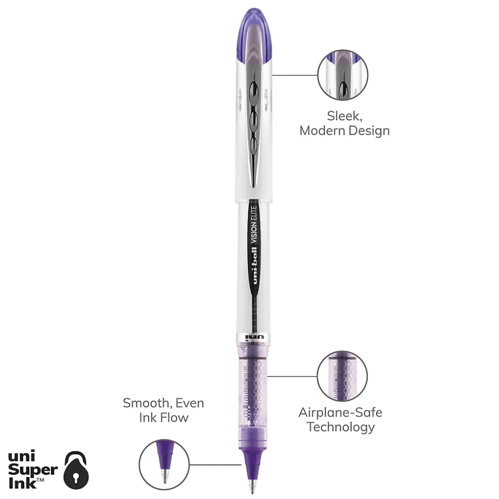 uniball Vision Elite Rollerball Pens, Bold Point, 0.8mm, Purple Ink (69025)