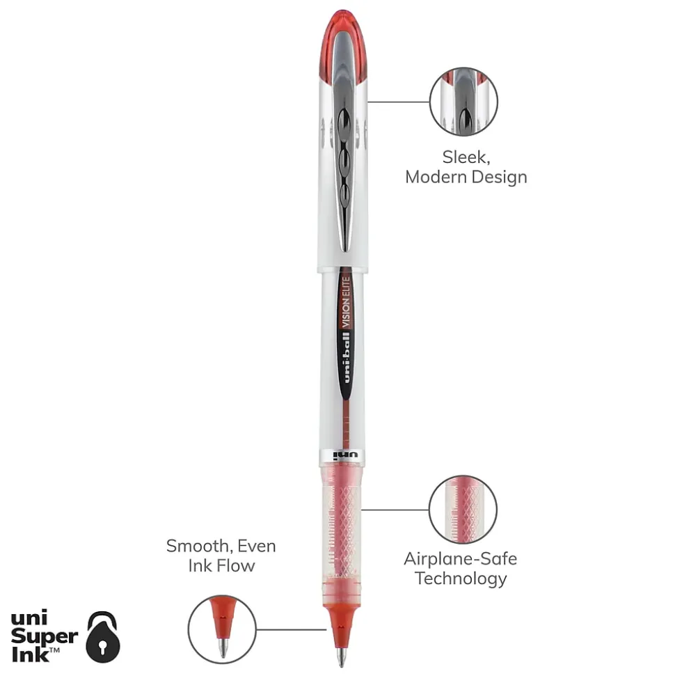 uniball Vision Elite Rollerball Pens, Bold Point, 0.8mm, Red Ink (69023)