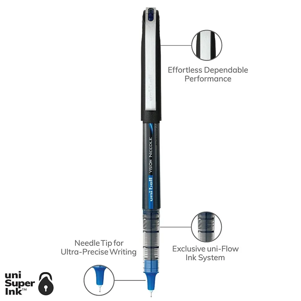 uniball Vision Needle Rollerball Pens, Micro Point, 0.5mm, Blue Ink, 12/Pack (1734919)
