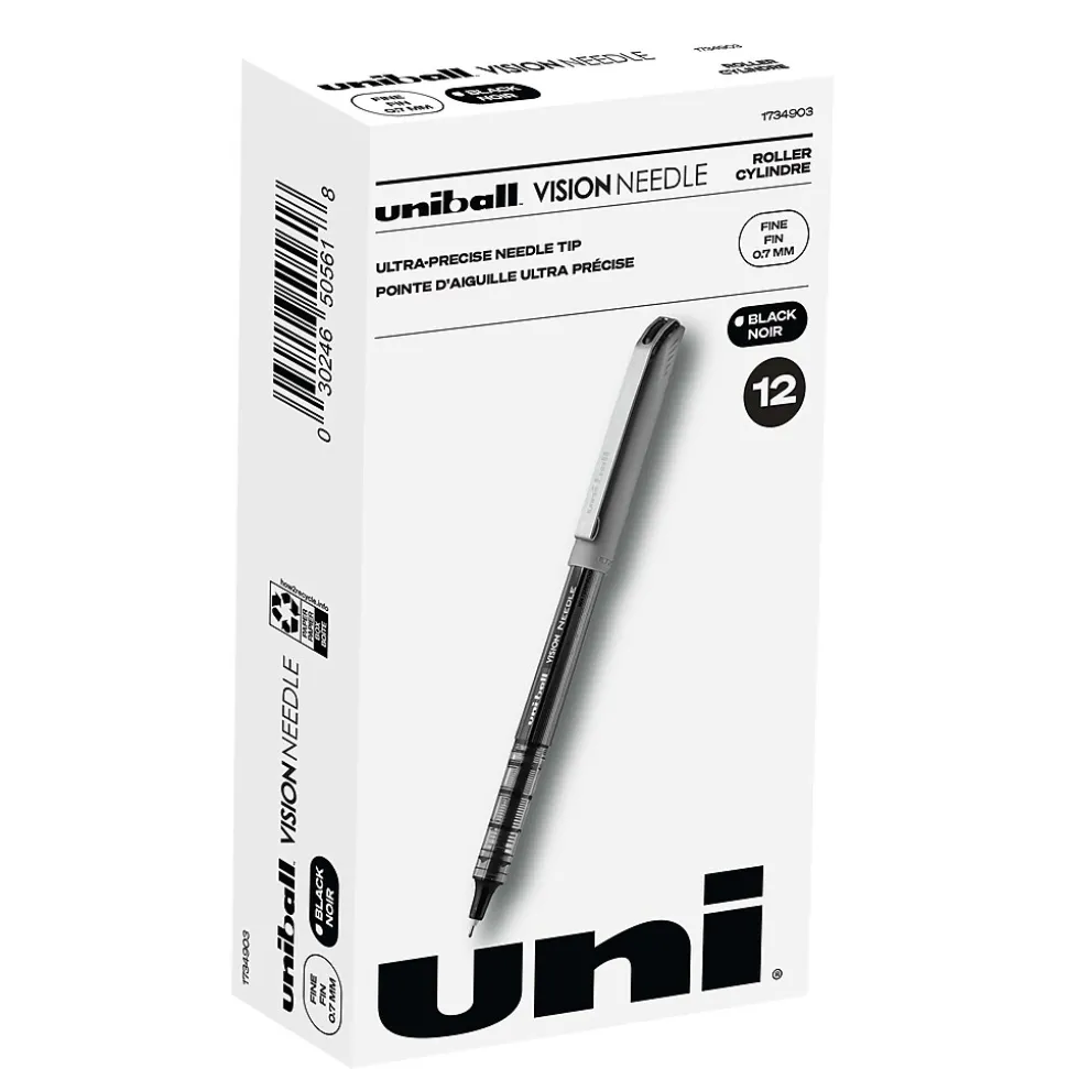 uniball Vision Needle Rollerball Pens, Fine Point, 0.7mm, Black Ink, Dozen (1734903)