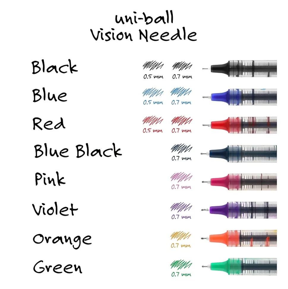 uniball Vision Needle Rollerball Pens, Fine Point, 0.7mm, Black Ink, Dozen (1734903)