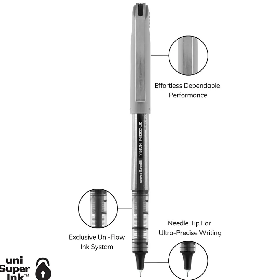 uniball Vision Needle Rollerball Pens, Fine Point, 0.7mm, Black Ink, Dozen (1734903)