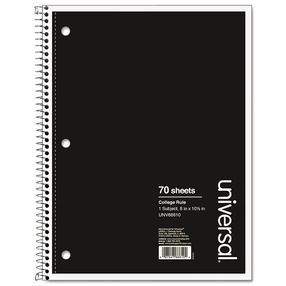 Universal Wirebound Notebook, 8 x 10.5, College Ruled, 70 Sheets, Assorted Color Cover (UNV66610)