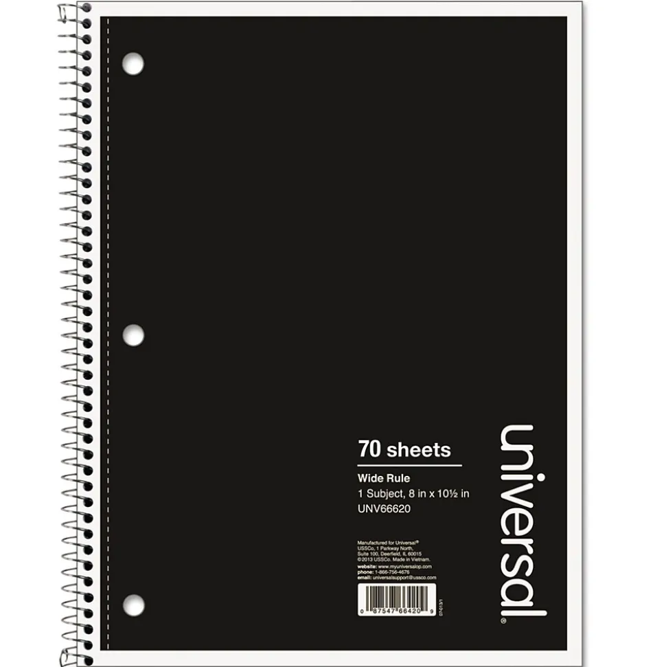 Universal Wirebound Notebook, 8 x 10.5, Wide Ruled, 70 Sheets, Assorted Color Cover (UNV66620)