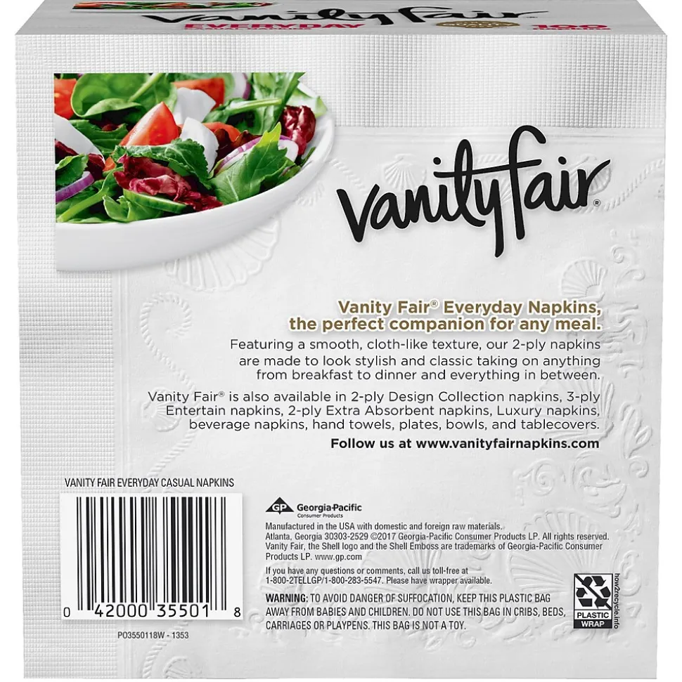 Vanity Fair Everyday Luncheon Napkins, 2-Ply, White, 100/Pack (35501)