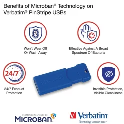 Verbatim PinStripe 32GB USB 3.2 Type A Flash Drive, Blue, Red, 2/Pack (70056)