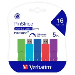 Verbatim PinStripe 16GB USB 3.2 Type A Flash Drive, Assorted Colors, 5/Pack (70387)