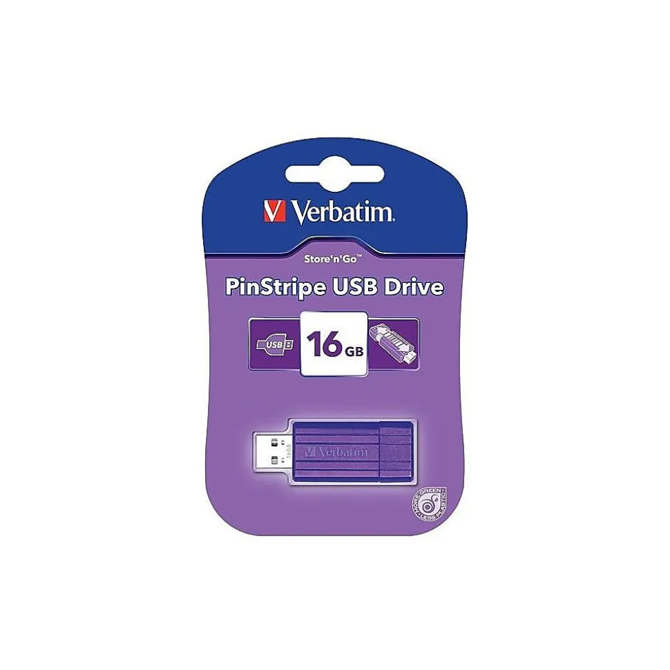 Verbatim PinStripe 16GB USB 2.0 Type A Flash Drive, Violet (98045)