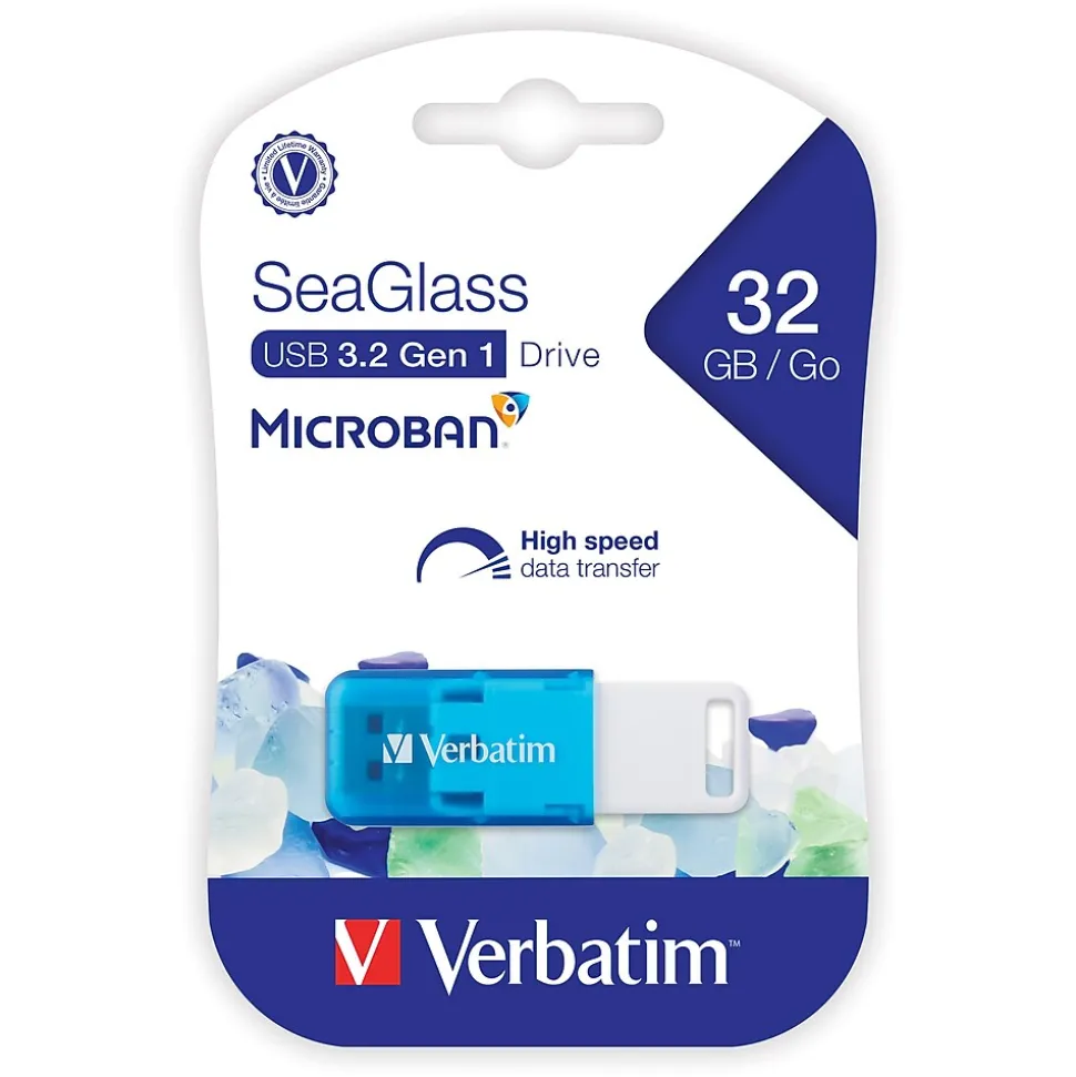 Verbatim SeaGlass 32GB USB 3.2 Type A Flash Drive, Blue (71268)