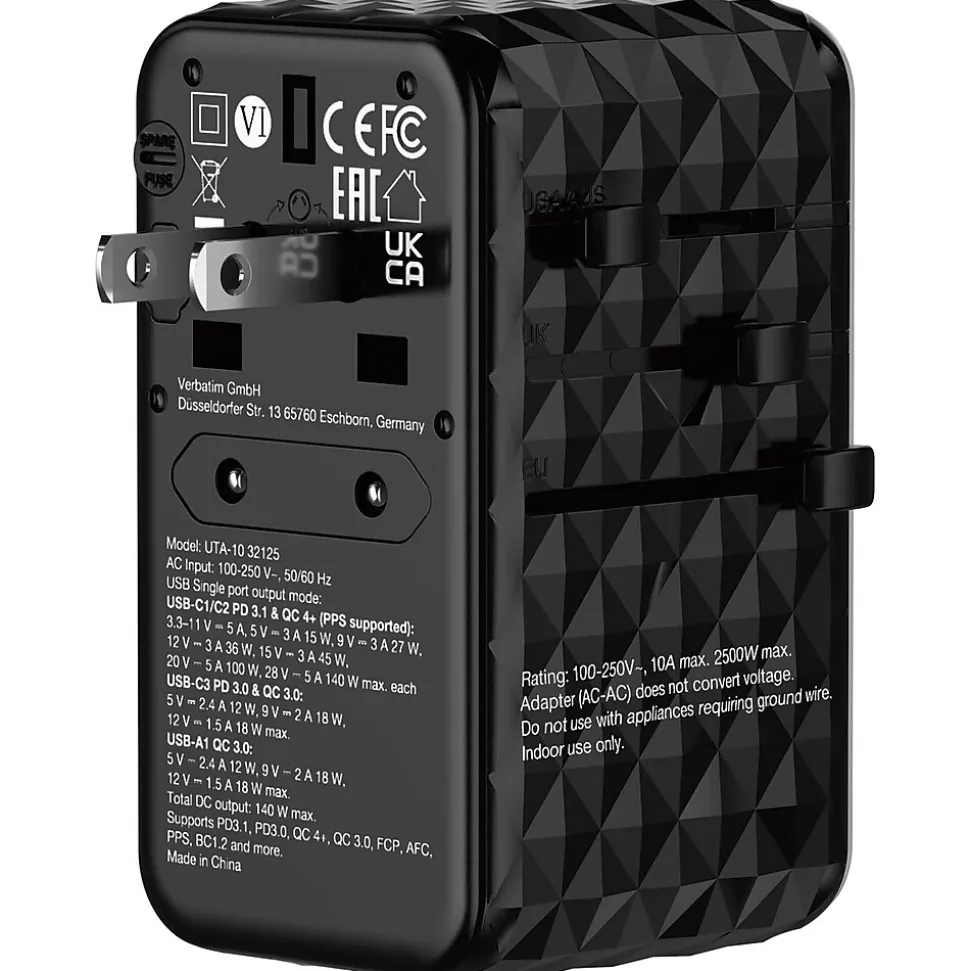 Verbatim UTA-10 GaN III Universal Travel Adapter 140W – USB-C, USB-A