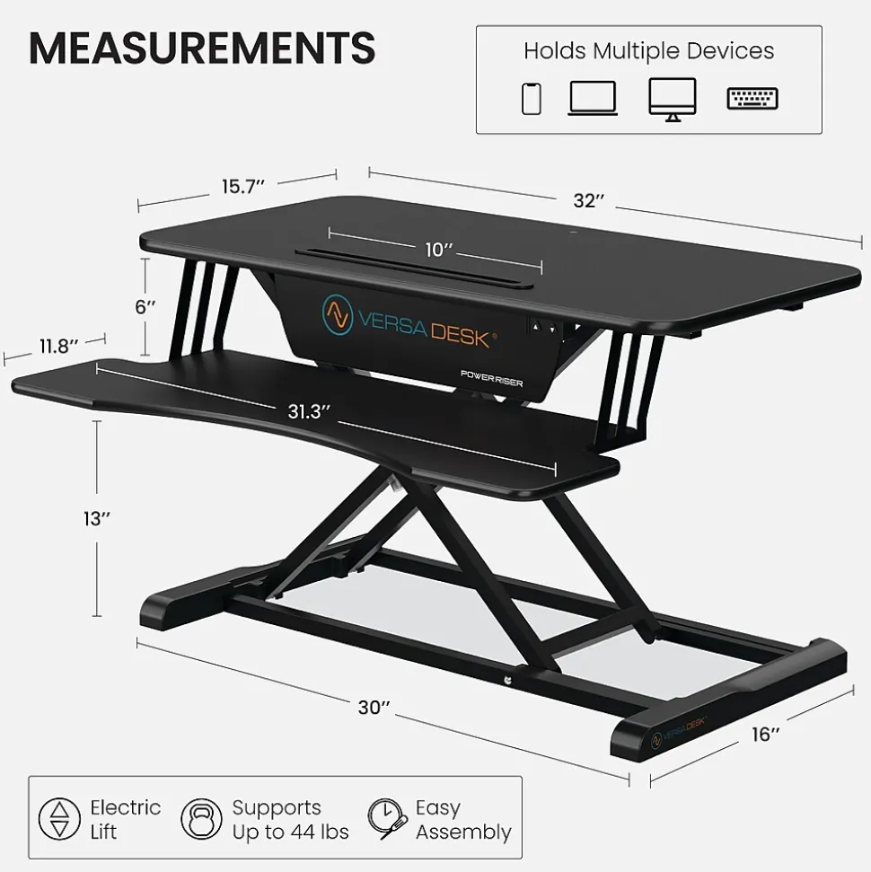 VersaDesk Power Riser 32"W Electric Adjustable Standing Desk Converter, Black (VDPR3124-BB)