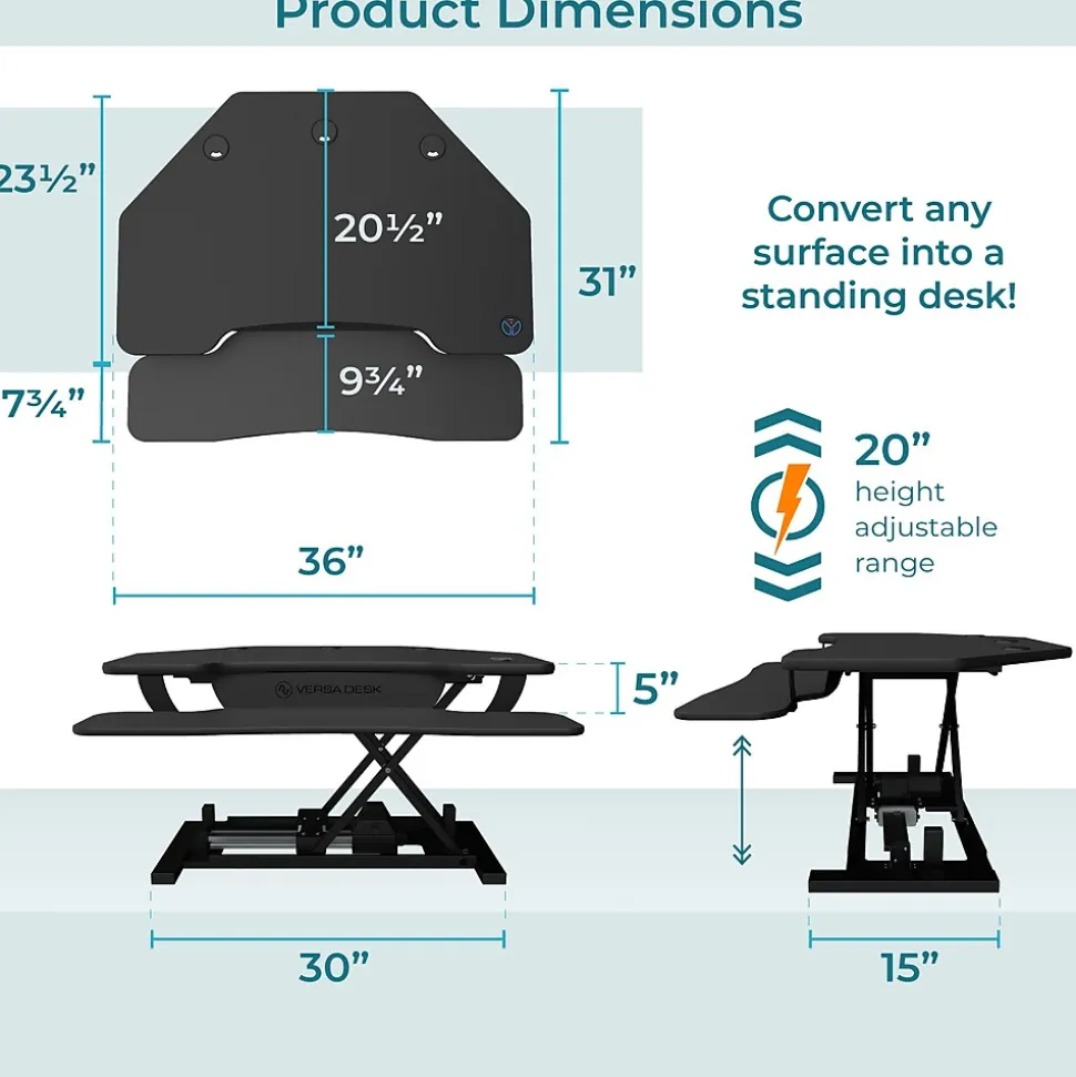 VersaDesk PowerPro 36"W Electric Adjustable Standing Corner Desk Converter, Black (VT77136330101)