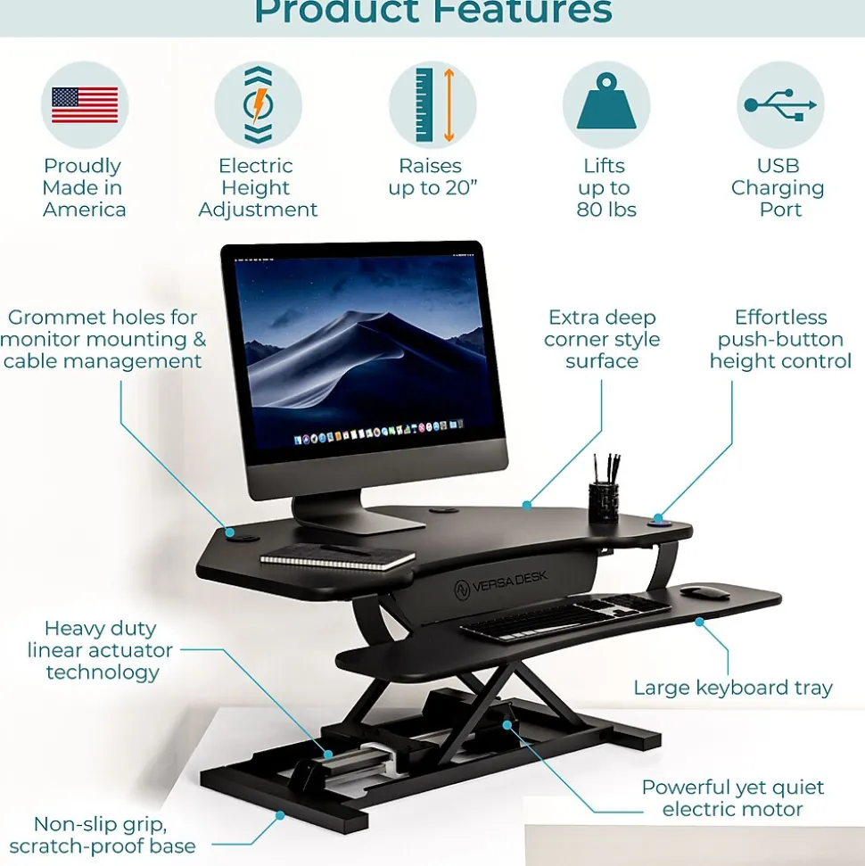 VersaDesk PowerPro 36"W Electric Adjustable Standing Corner Desk Converter, Black (VT77136330101)