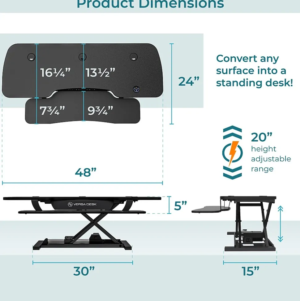 VersaDesk PowerPro 48"W Electric Adjustable Standing Desk Converter, Black (SP7644824-00-01)