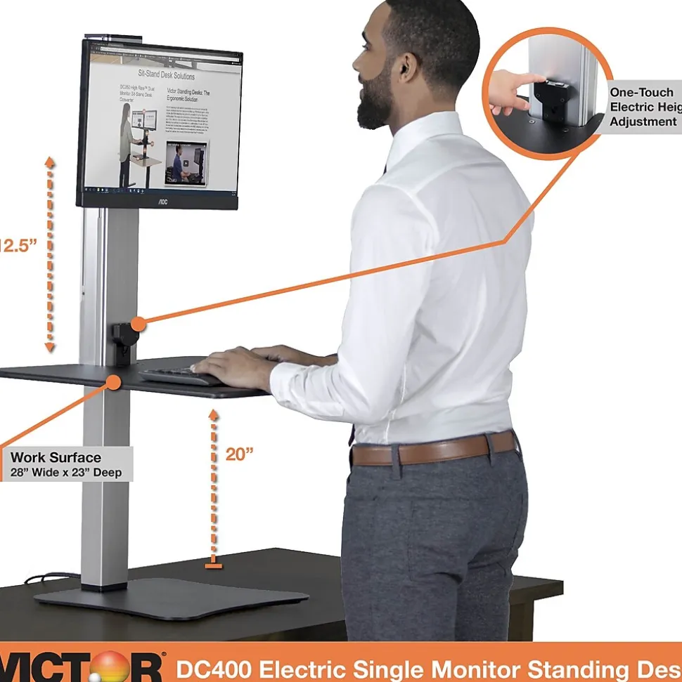 Victor Technology 28" W High Rise™ Electric Single Monitor Standing Desk, Laminate Wood (DC400)