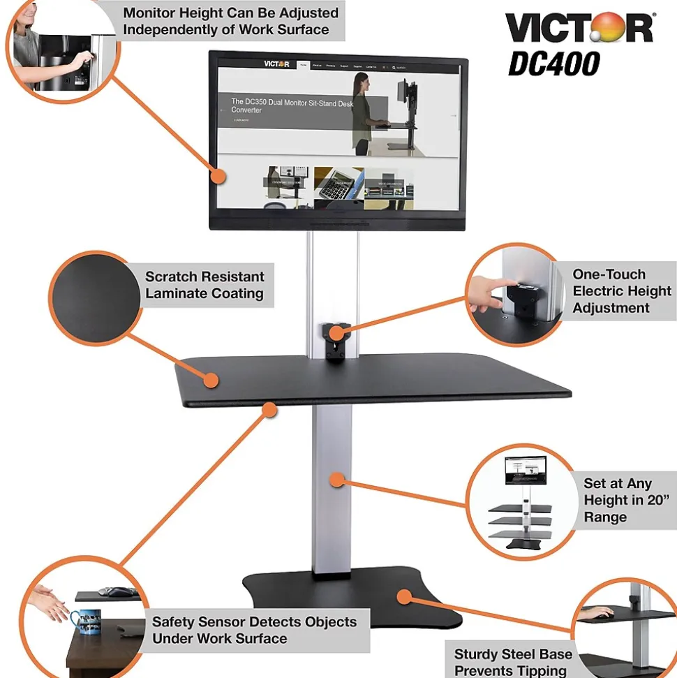 Victor Technology 28" W High Rise™ Electric Single Monitor Standing Desk, Laminate Wood (DC400)