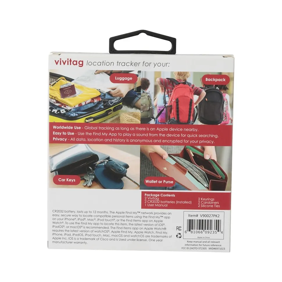 Vivitar ViviTag Bluetooth Tracker, Black, 2/Pack (V90027PK2-BLK-STK-24)