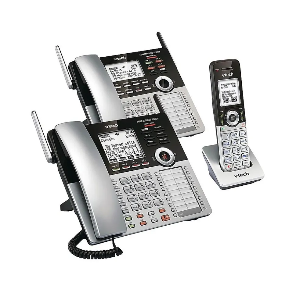 VTech Small Business 80-0327-00 4-Line Cordless Phone System, Silver/Black