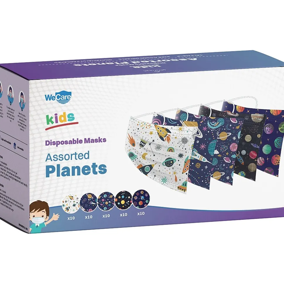 WeCare Disposable Face Masks, Kids, Assorted Planets Print, 50/Pack (WMN100129)