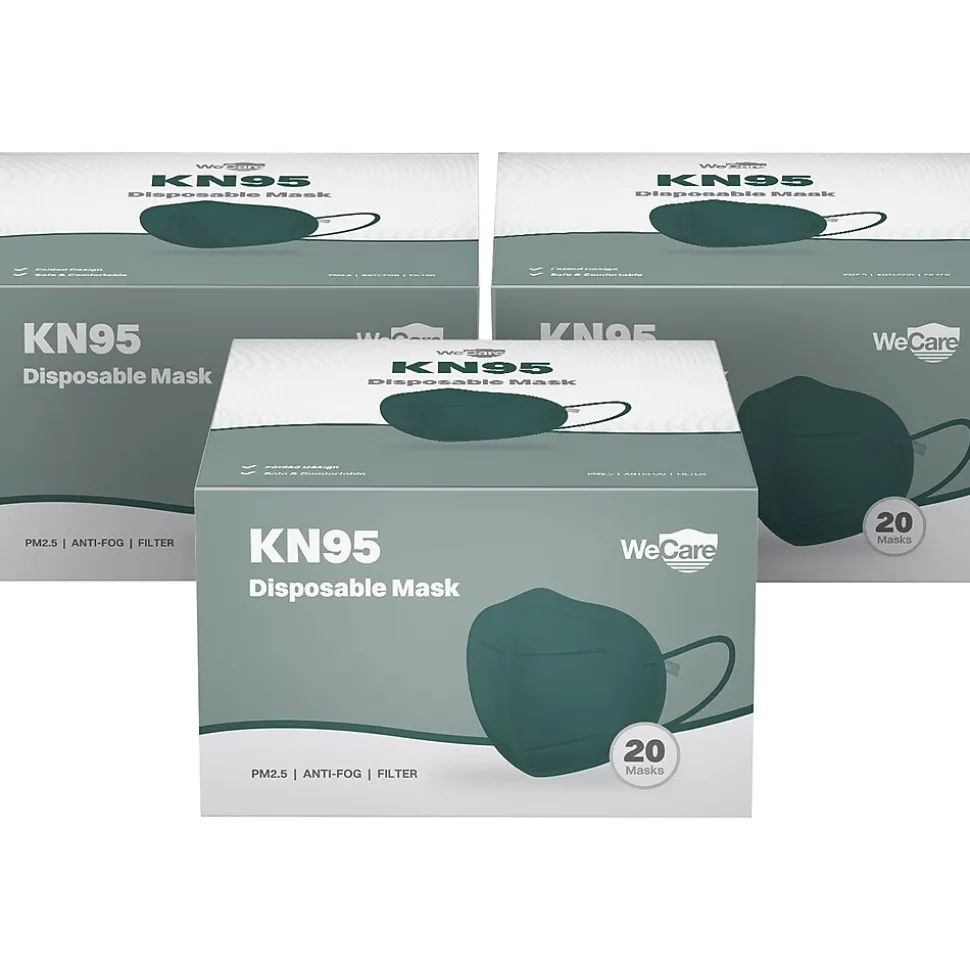 WeCare Disposable KN95 Face Mask, Adult, Dark Green, 20 Masks/Box, 3 Boxes/Pack (TBN203227)