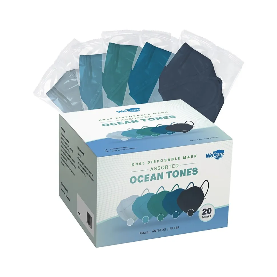 WeCare Ocean Tones Disposable KN95 Fabric Face Masks, One Size, Assorted Colors, 20/Pack (WMN100123)
