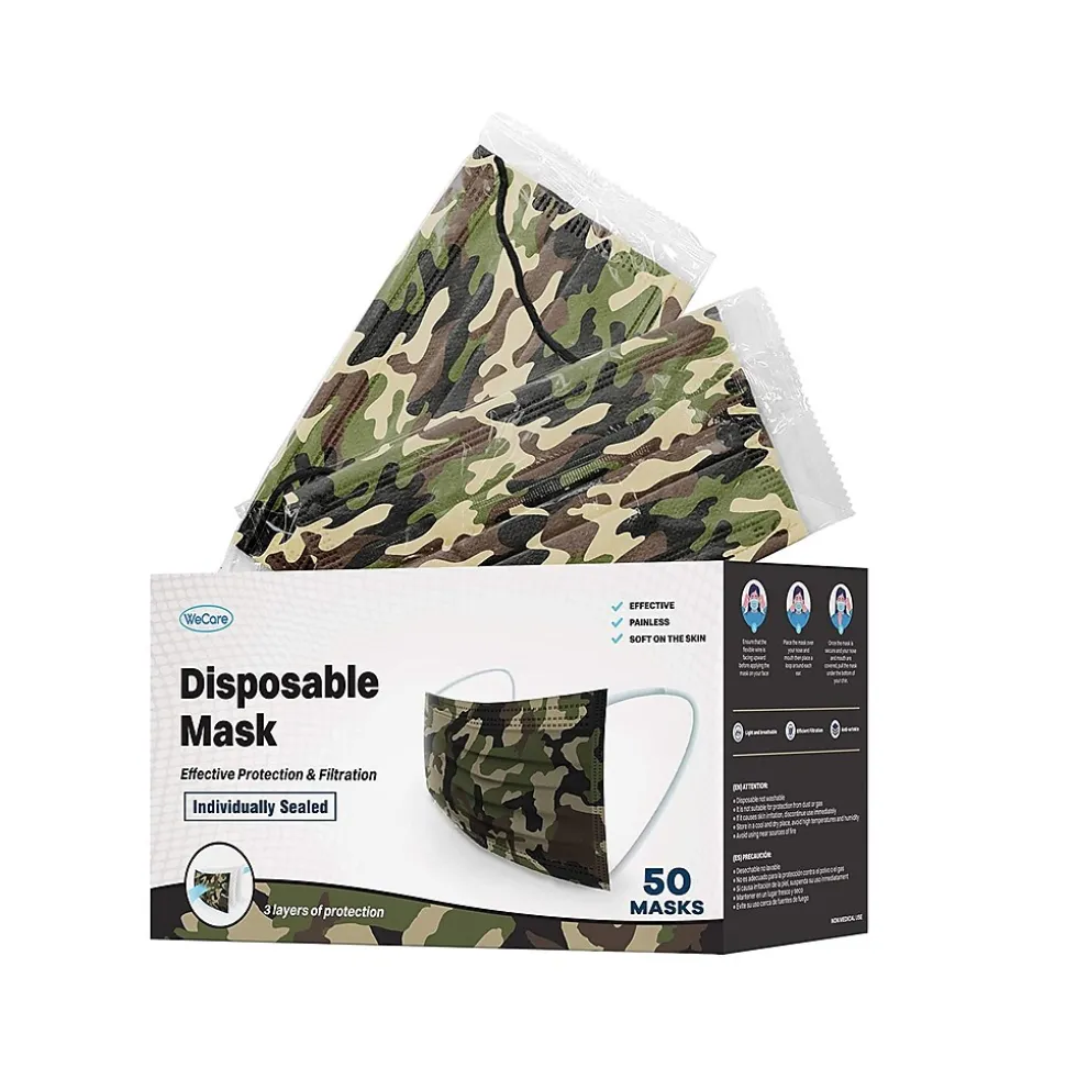WeCare 3-ply Disposable Face Mask, Individually Wrapped, Adult, Green Camo, 50/Box (WMN100019)