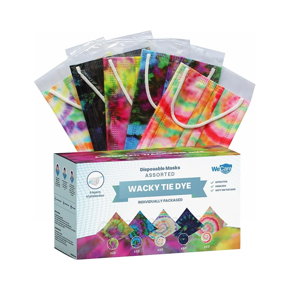 WeCare 3-ply Disposable Face Mask, Adult, Assorted Wacky Tie-Die Designs, 50/Box (WMN100092)