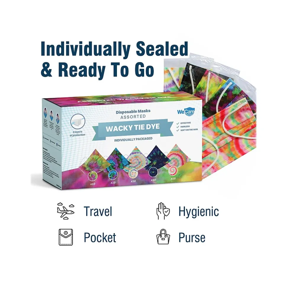 WeCare 3-ply Disposable Face Mask, Adult, Assorted Wacky Tie-Die Designs, 50/Box (WMN100092)