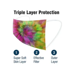 WeCare 3-ply Disposable Face Mask, Adult, Assorted Wacky Tie-Die Designs, 50/Box (WMN100092)