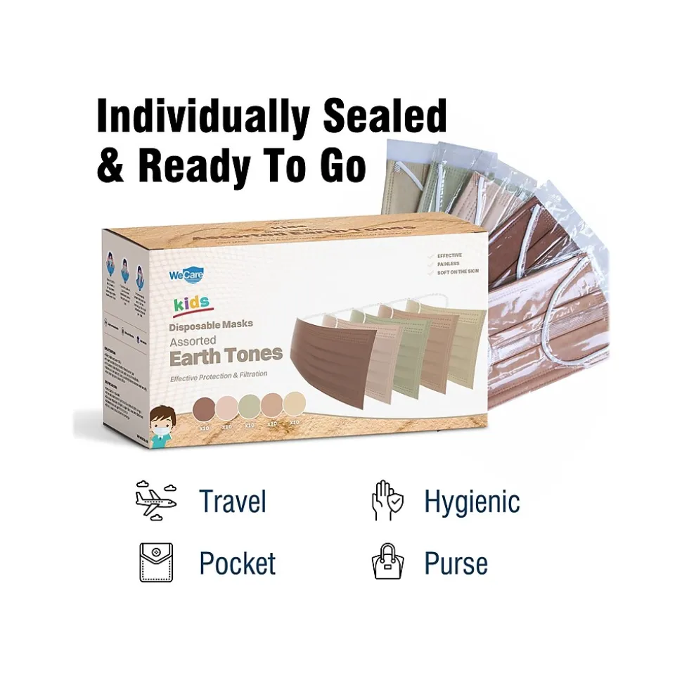 WeCare 3-ply Disposable Face Masks, Kids, Assorted Earth Tones, 50/Box (WMN100094)