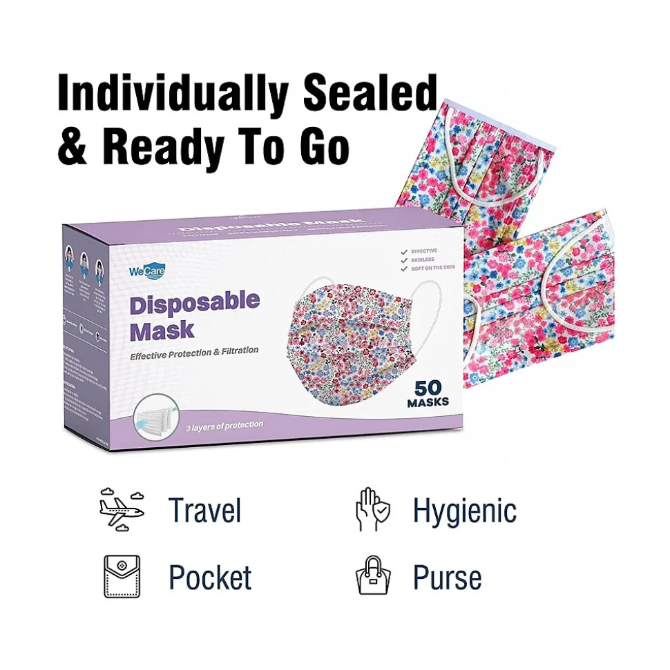 WeCare 3-ply Disposable Face Mask, Adult, Flowers, 50/Pack (WMN100106)