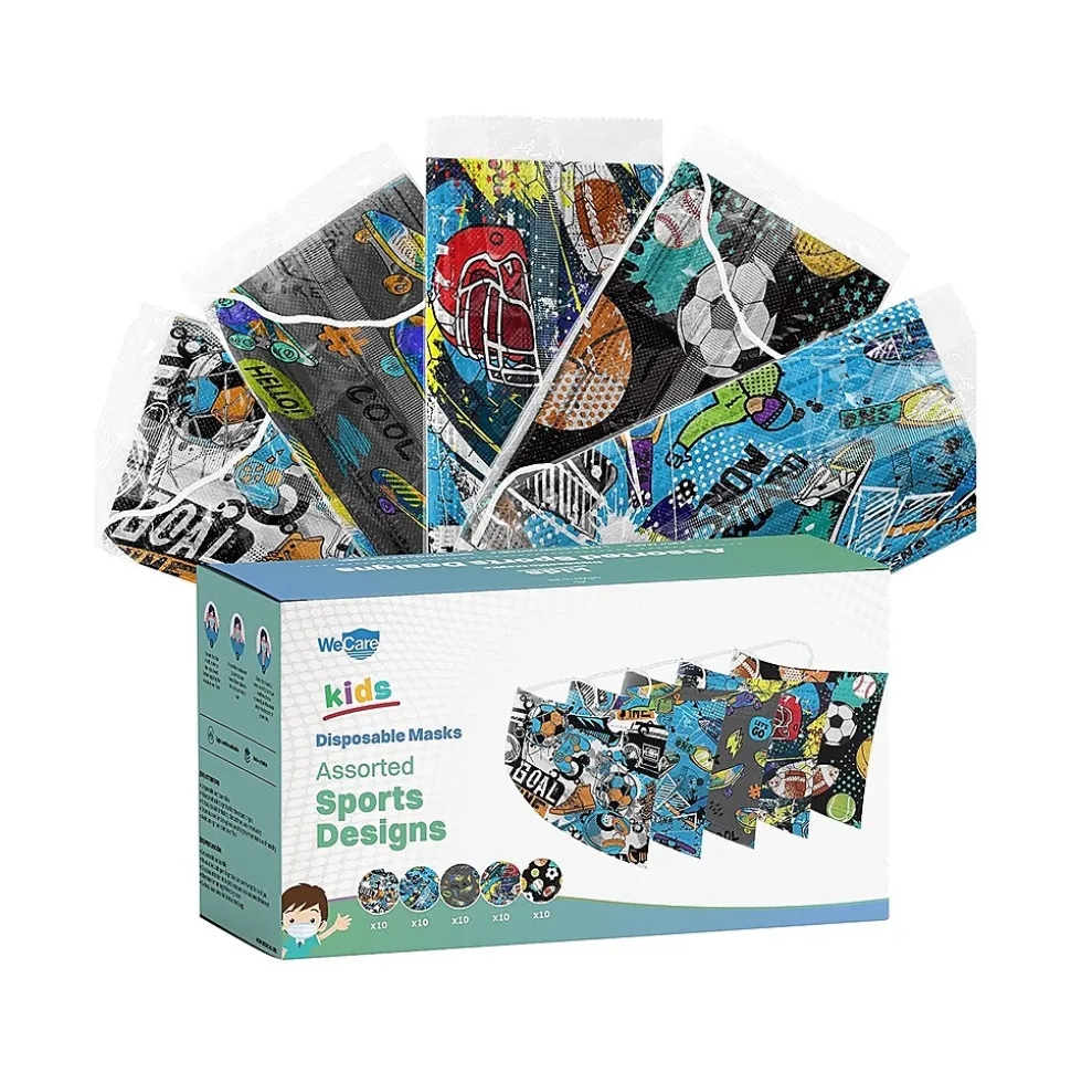 WeCare 3-ply Disposable Face Masks, Kids, Assorted Sports Deisgns, 50/Box (WMN100118)