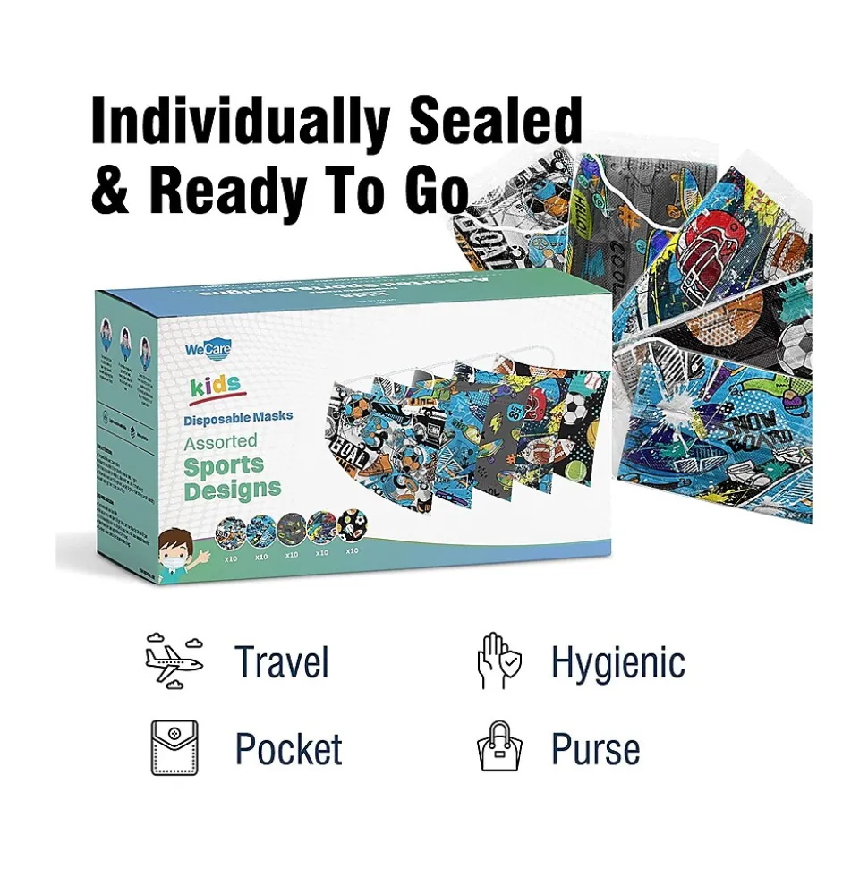 WeCare 3-ply Disposable Face Masks, Kids, Assorted Sports Deisgns, 50/Box (WMN100118)