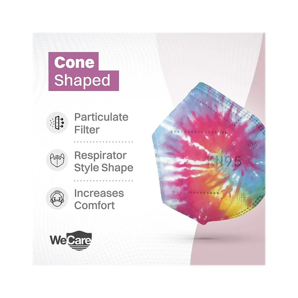 WeCare Tie Dye Disposable KN95 Fabric Face Masks, One Size, Assorted Colors, 20/Pack, 3 Packs/Carton (TBN203259)