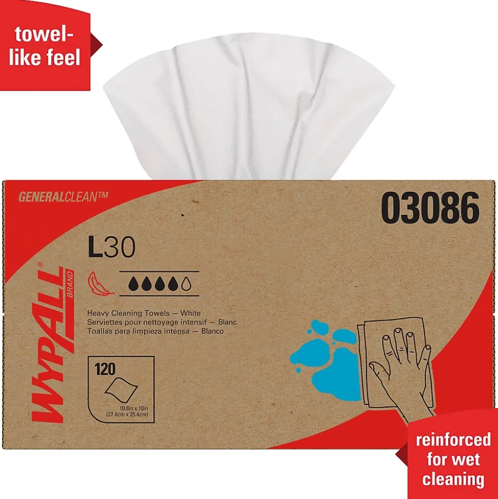 WypAll GeneralClean L30 Cleaning Cloths, 10" x 10.8", White, 12 Sheets/Box, 10 Boxes/Carton (03086)