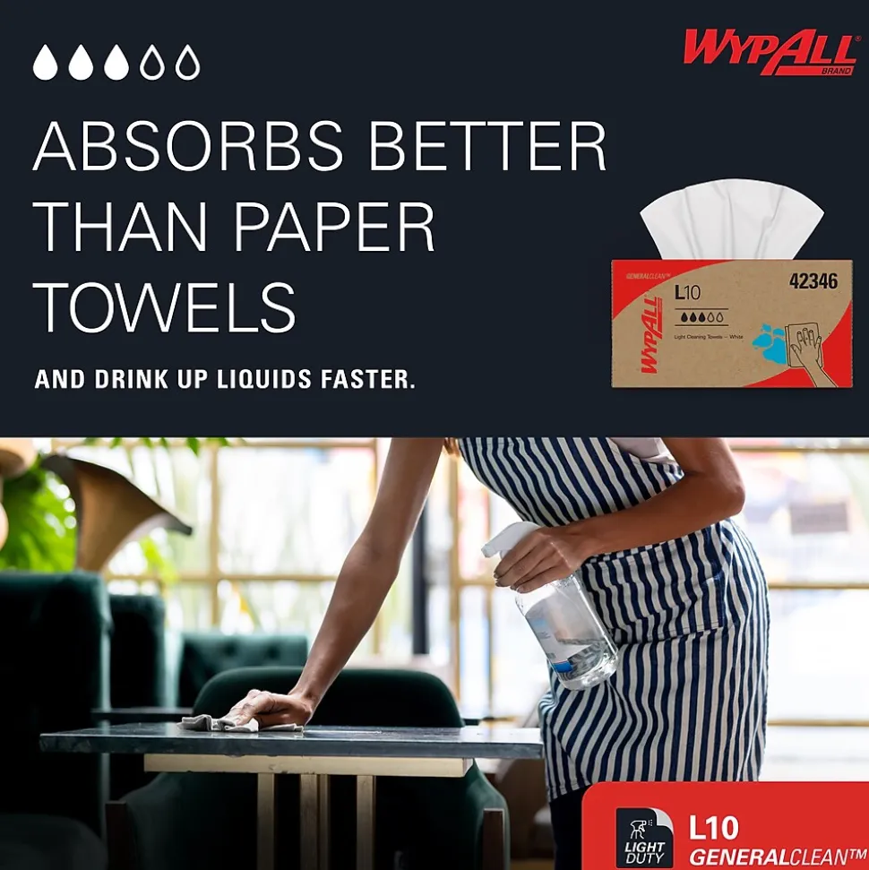 WypAll GeneralClean L10 Fabric Cleaning Wipers, 10.25" x 9", White, 250 Wipers/Box (42346)