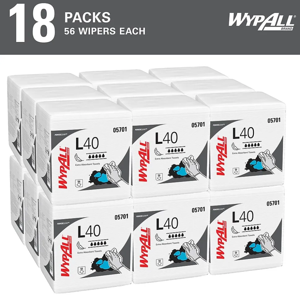 WypAll PowerClean L40 Cellulose Cleaning Wipers, 12" x 12.5", White, 56 Wipers/Box, 18/Carton (05701)