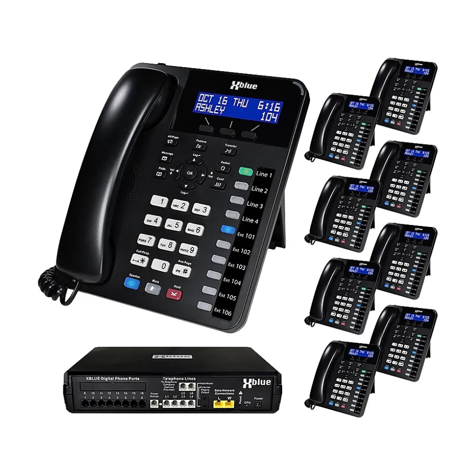 XBLUE X16 Plus 6-Line Corded Conference Telephone System Bundle, Black (X16plus-XD10-4x9)