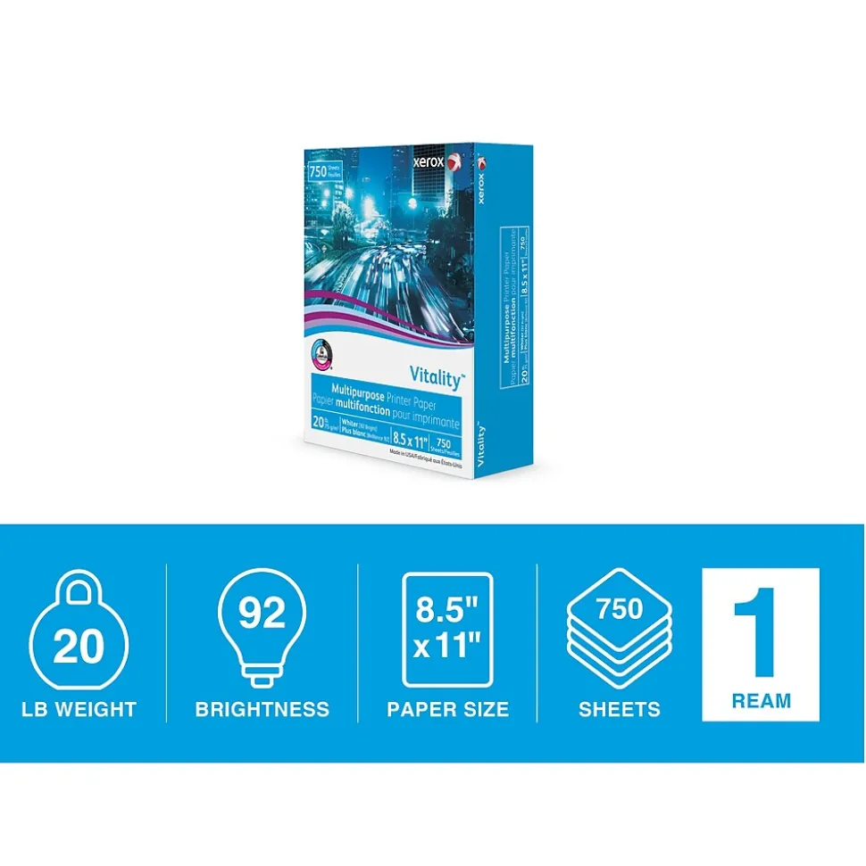 Xerox Vitality 8.5" x 11" Multipurpose Paper, 20 lbs., 92 Brightness, 750 Sheets/Ream (3R20195)