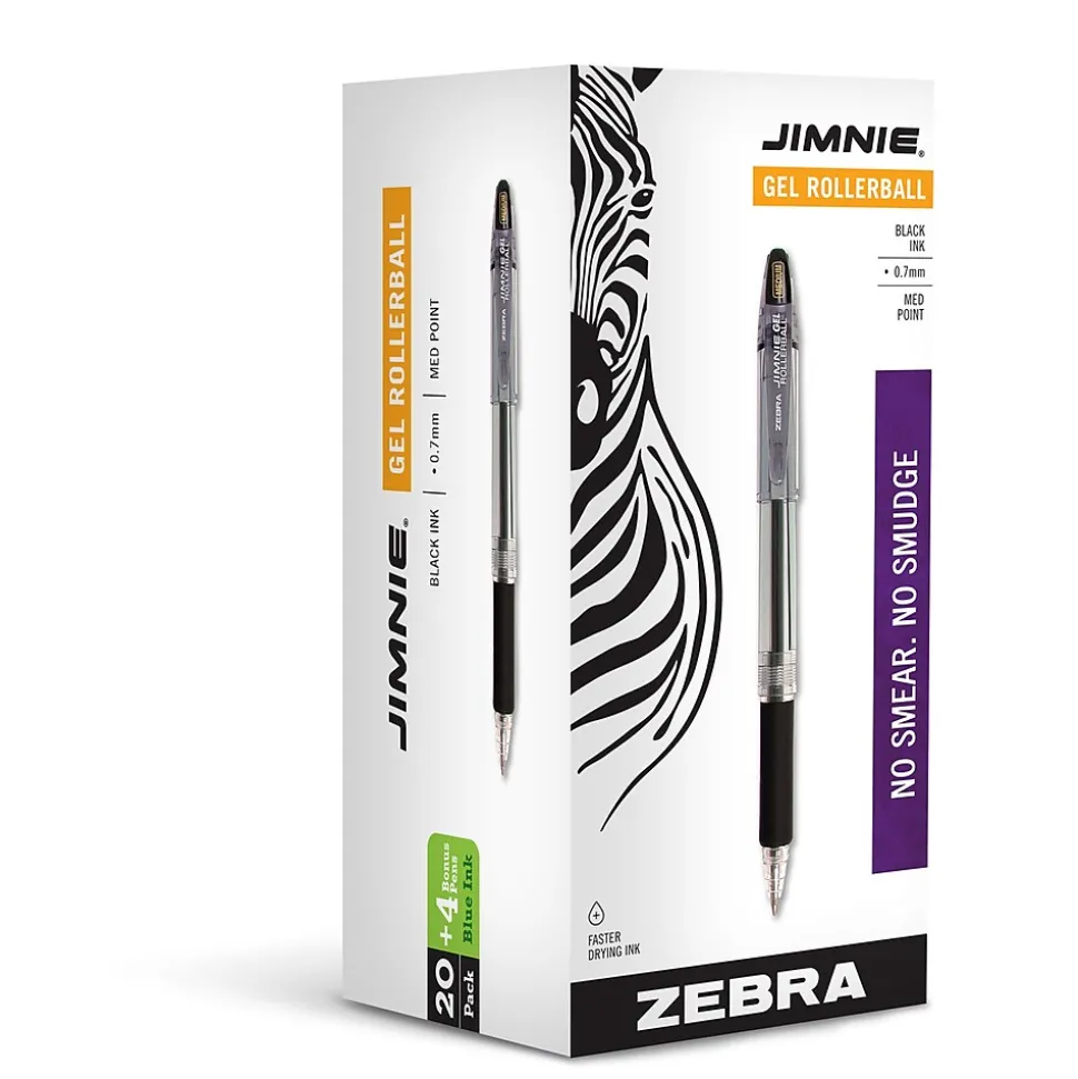 Zebra Jimnie Rollerball Pen, Medium Point, 0.7mm, Assorted Ink, 24 Pack (14410)